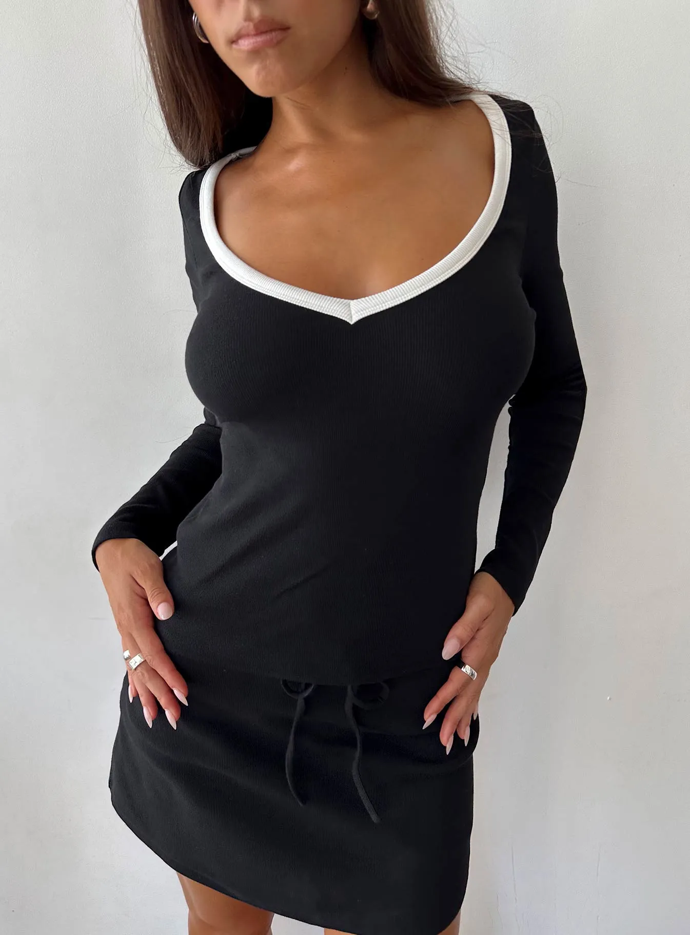 Baseline V Neck Long Sleeve Top Black / White sold by Princess Polly