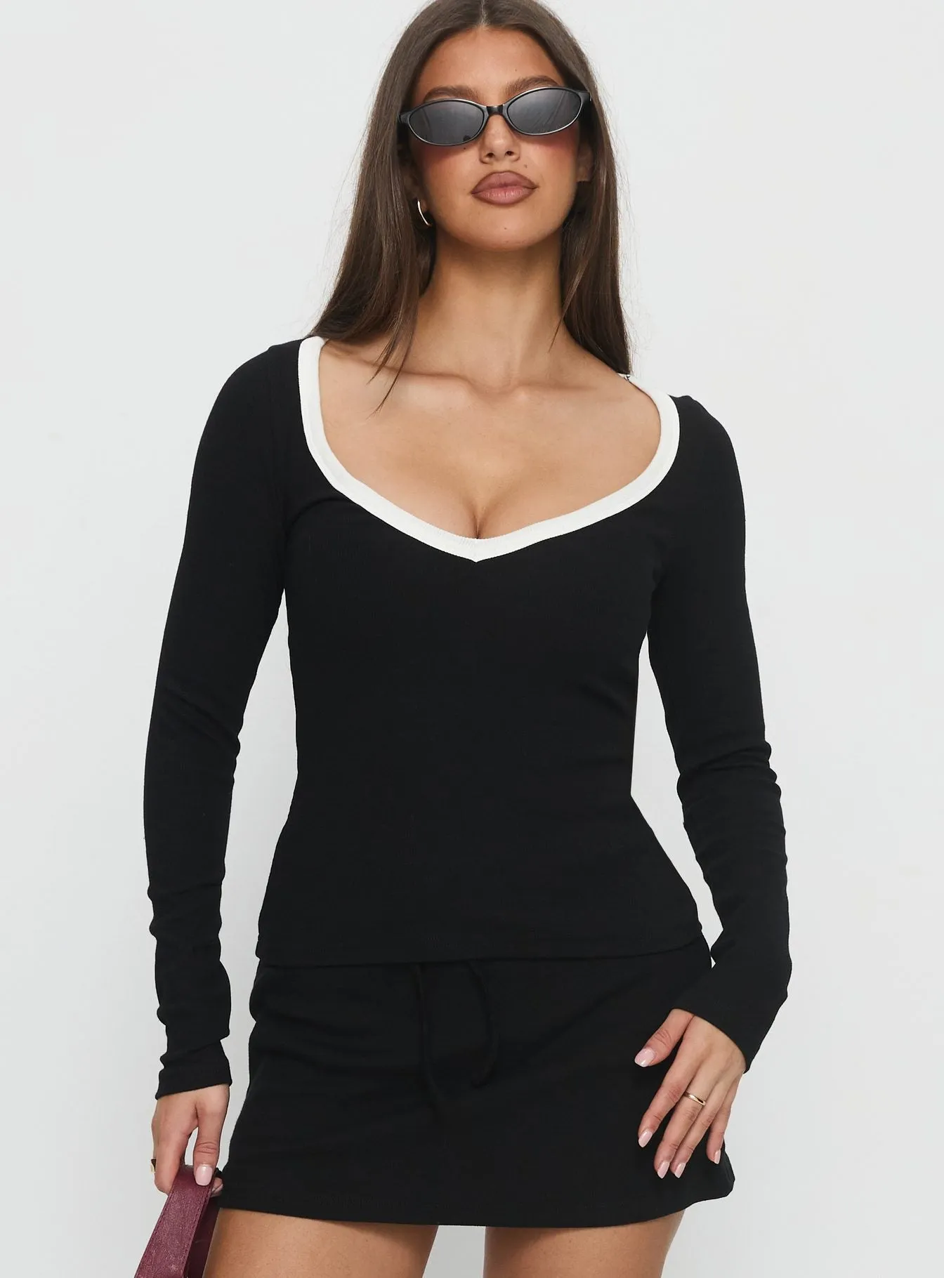 Baseline V Neck Long Sleeve Top Black / White sold by Princess Polly product image thumbnail 2