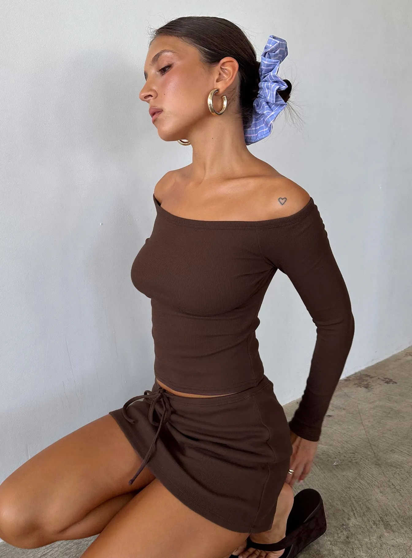 Baseline Off Shoulder Top Brown sold by Princess Polly
