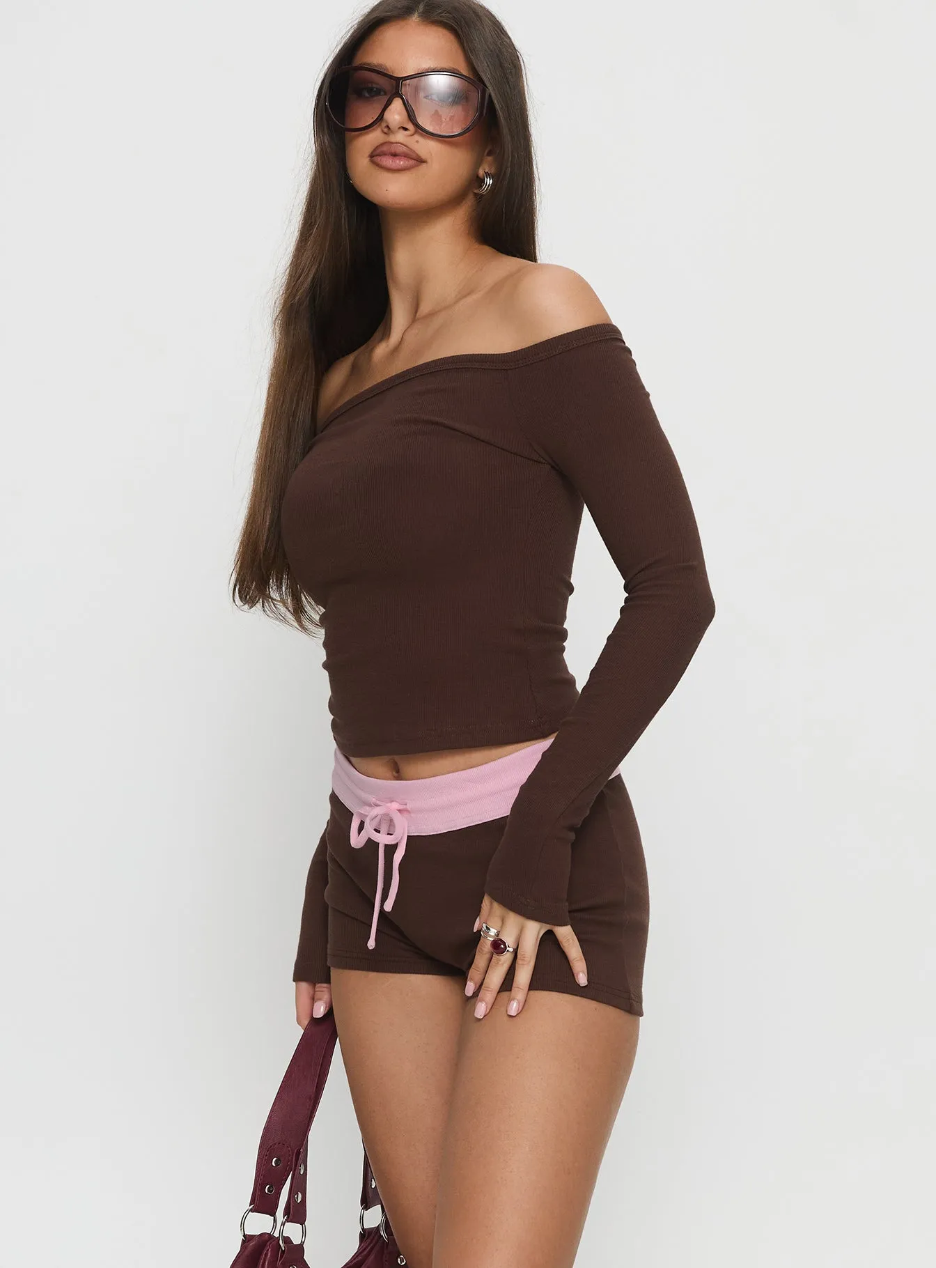 Baseline Rib Micro Shorts Brown / Pink sold by Princess Polly product image thumbnail 4