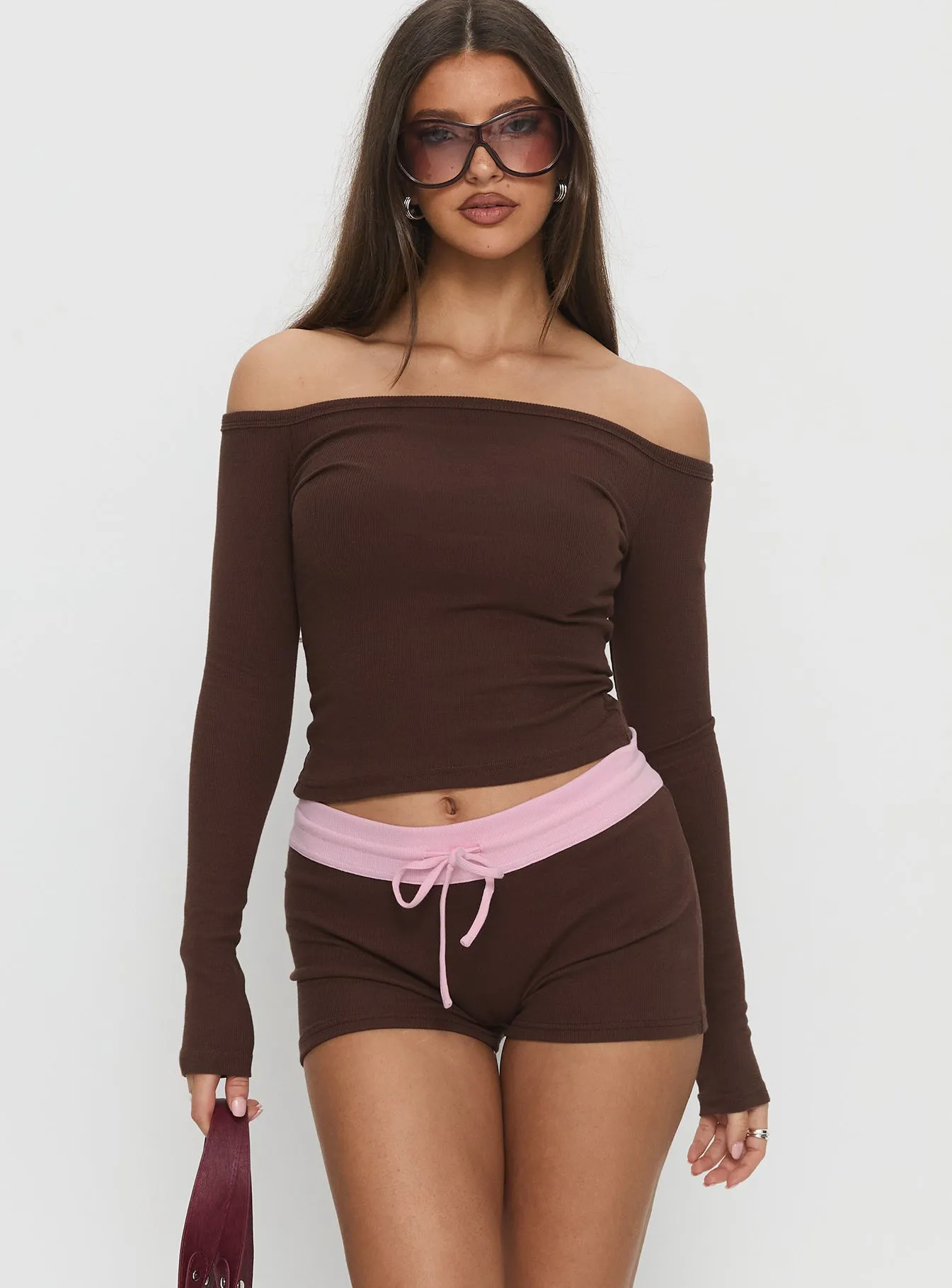 Baseline Rib Micro Shorts Brown / Pink sold by Princess Polly product image thumbnail 2
