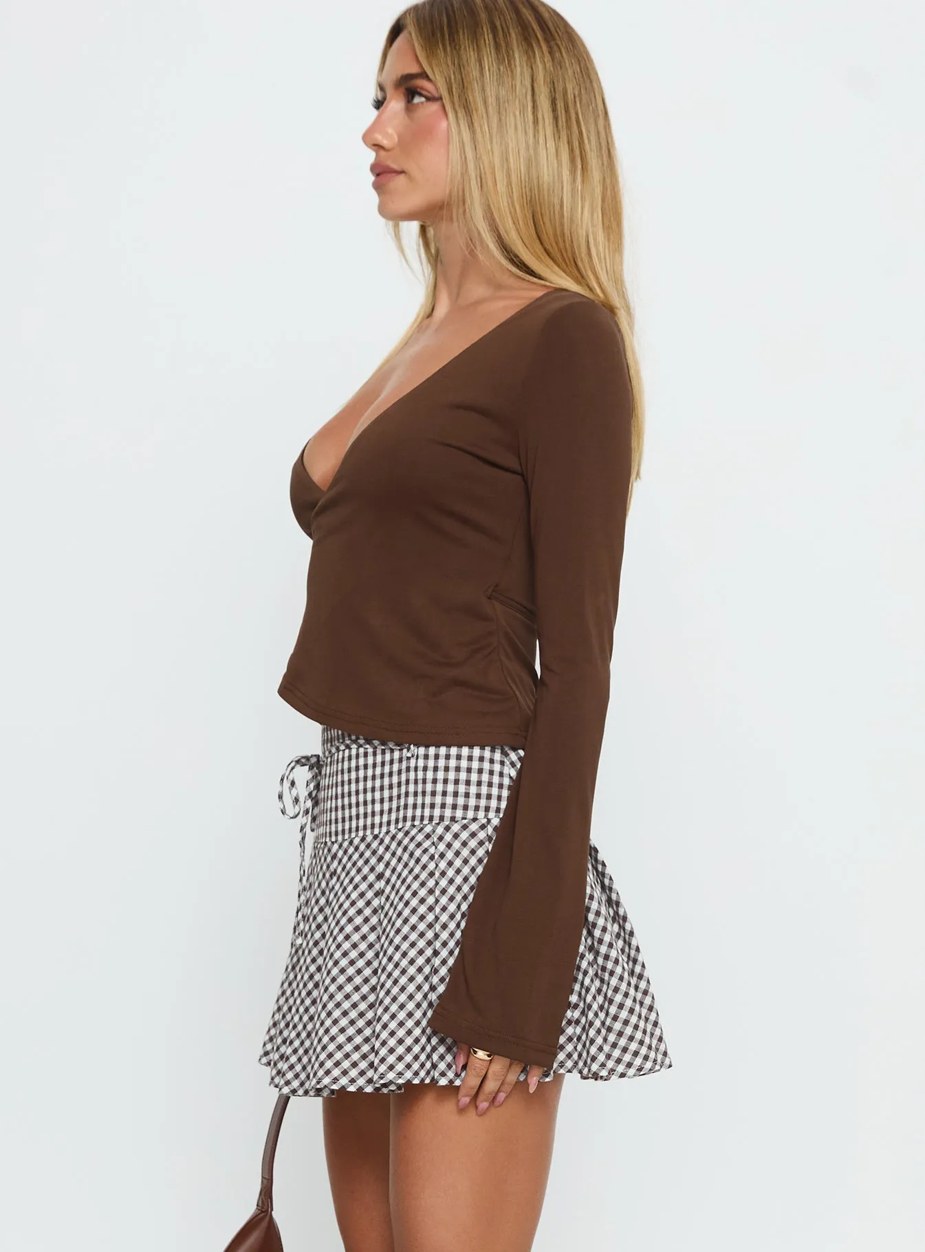 Nikoleta Pleat Mini Skirt Brown / White Check sold by Princess Polly product image thumbnail 3