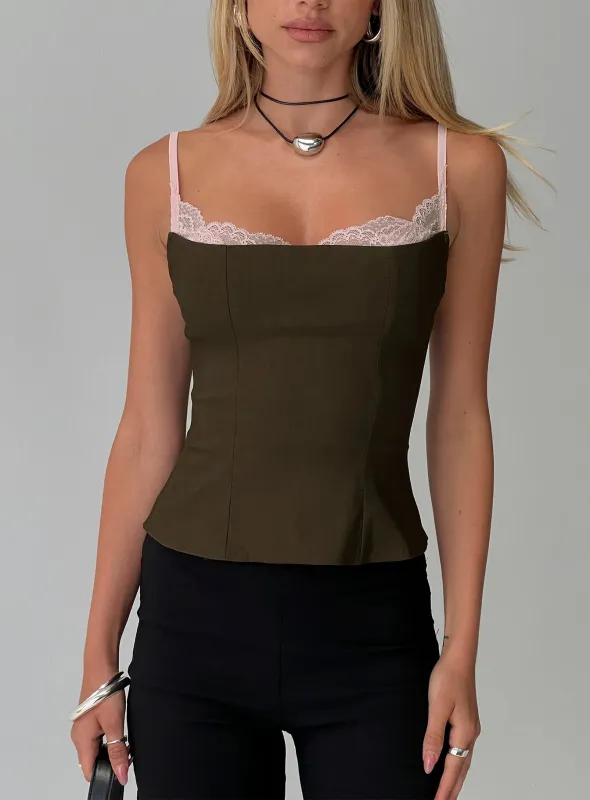 Renaissance Corset Lace Top Olive / Pink sold by Princess Polly