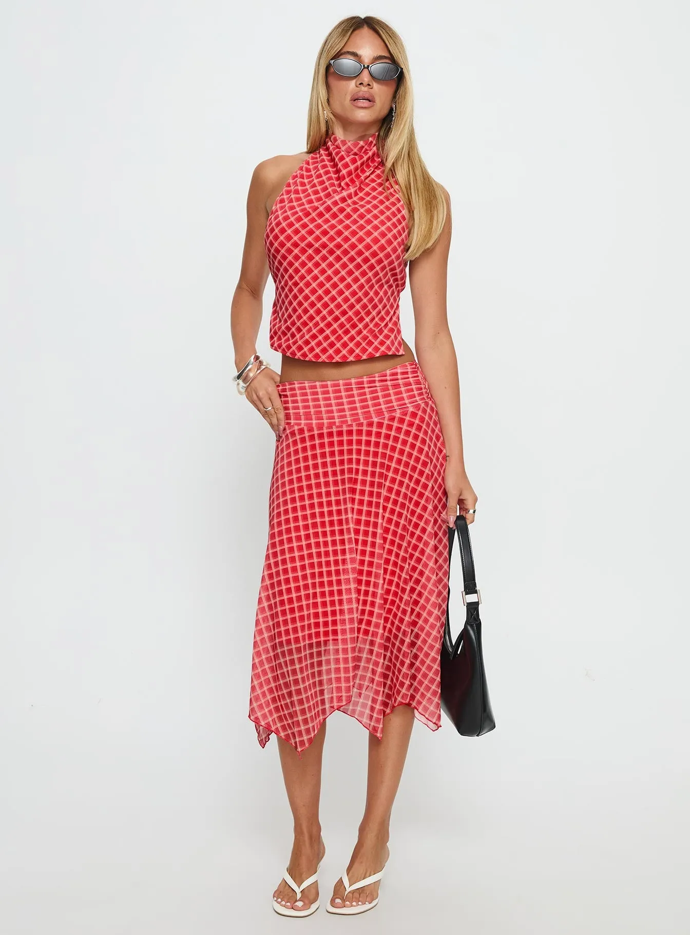 Scenic Route Asymmetrical Midi Skirt Red Check sold by Princess Polly product image thumbnail 2