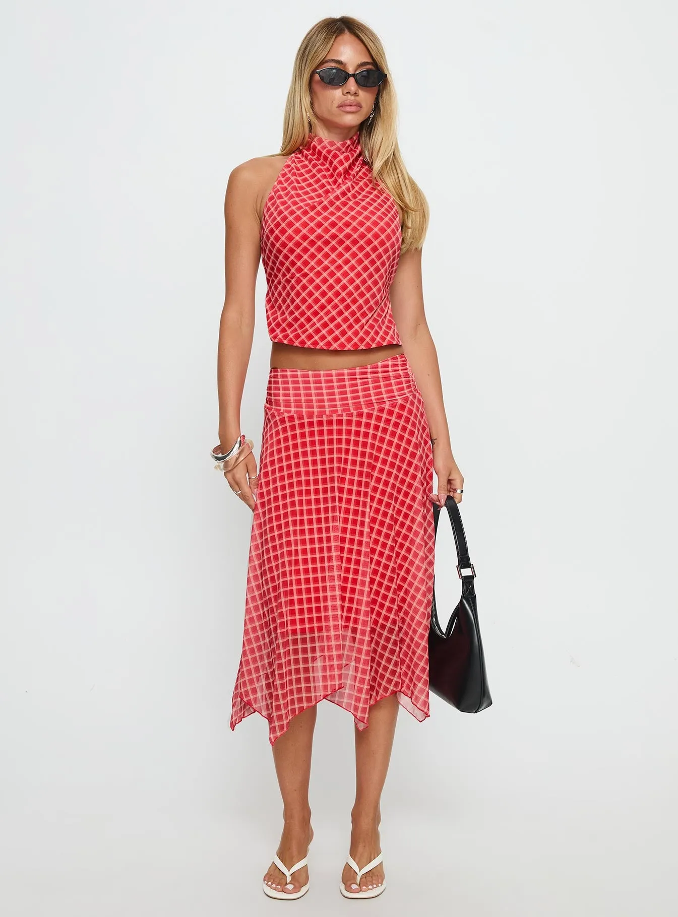 Scenic Route Asymmetrical Midi Skirt Red Check sold by Princess Polly product image thumbnail 3