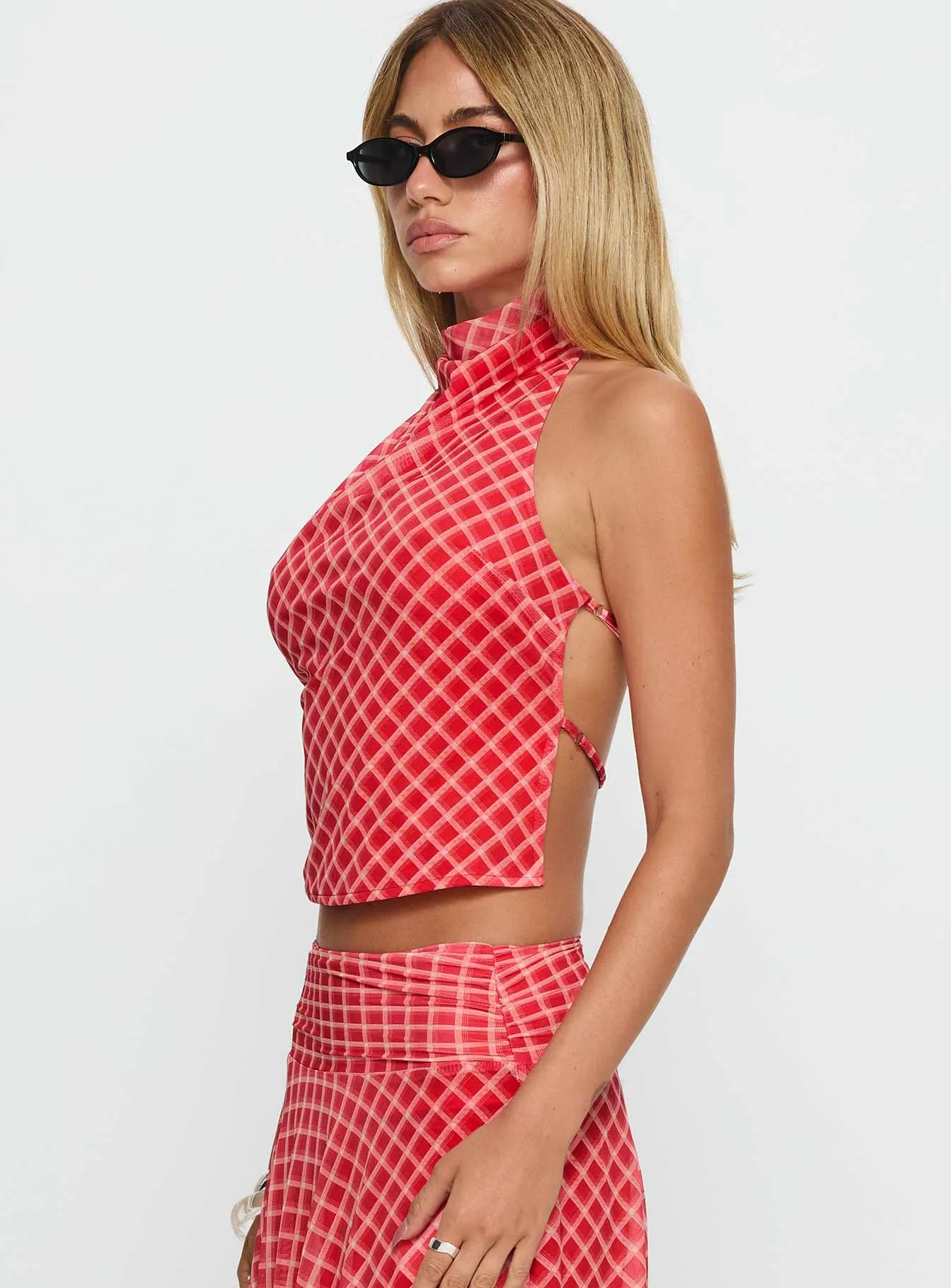 Scenic Route High Neck Top Red Check sold by Princess Polly product image thumbnail 4