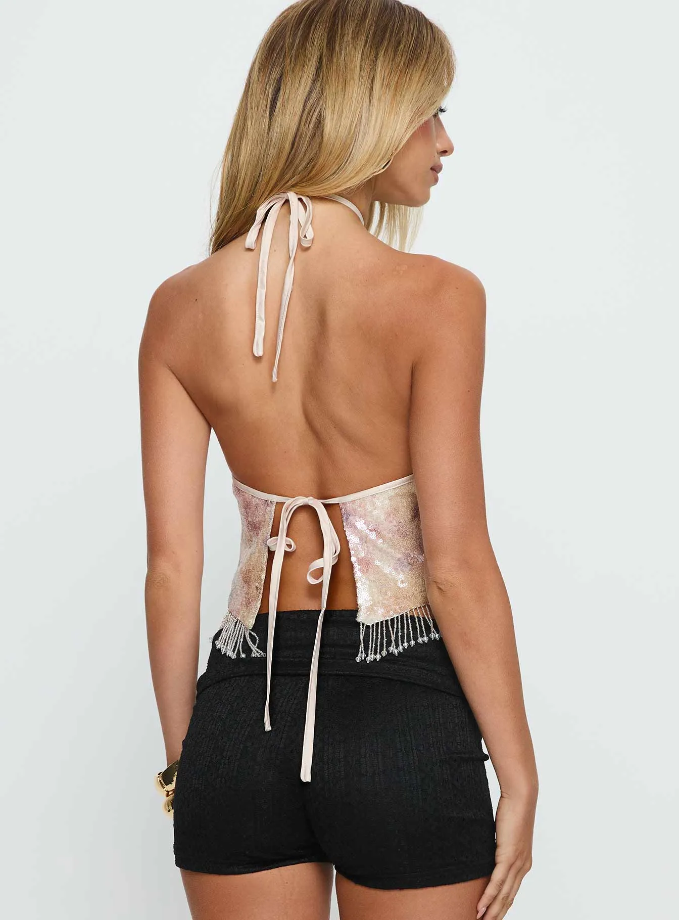 Udelle Sequin Fringey Halter Top Cream Sequin sold by Princess Polly product image thumbnail 5