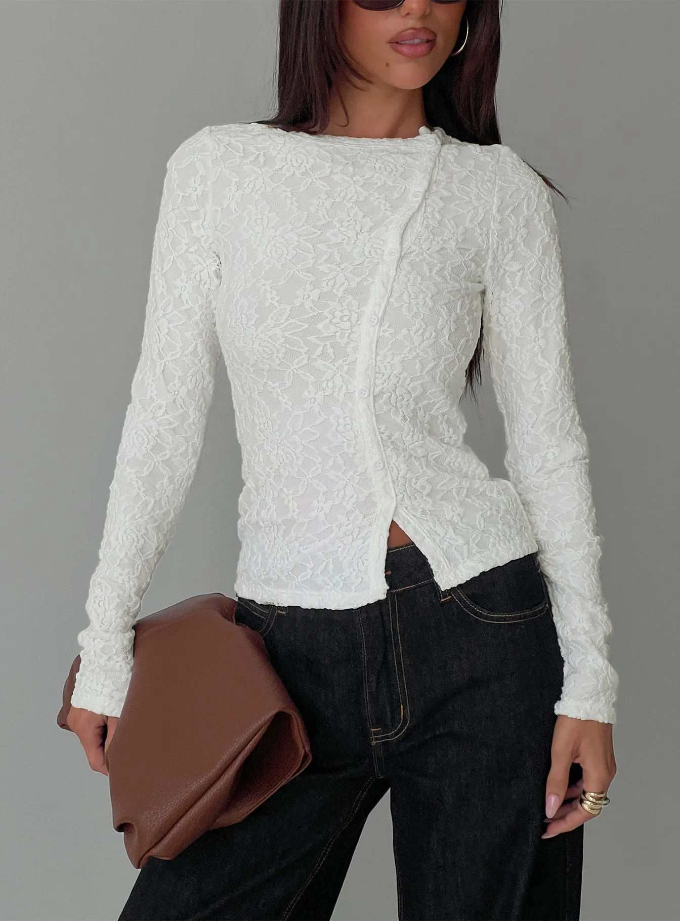 Passoni Long Sleeve Lace Top White sold by Princess Polly