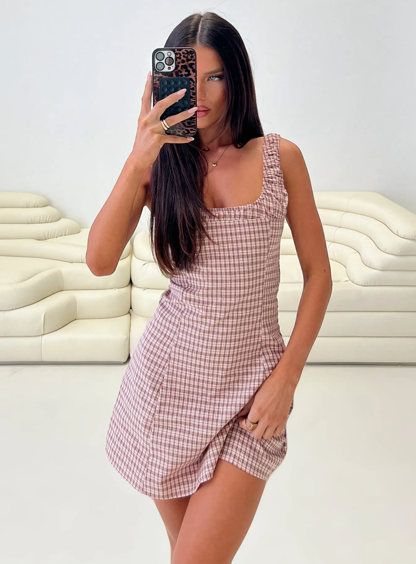Denley Cinched Mini Dress Pink Check sold by Princess Polly