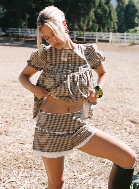 Chandelier Mini Lace Trim Shorts Brown Check sold by Princess Polly
