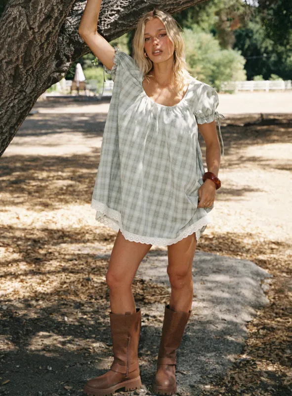Embracing Puff Sleeve Swing Mini Dress Blue Check sold by Princess Polly