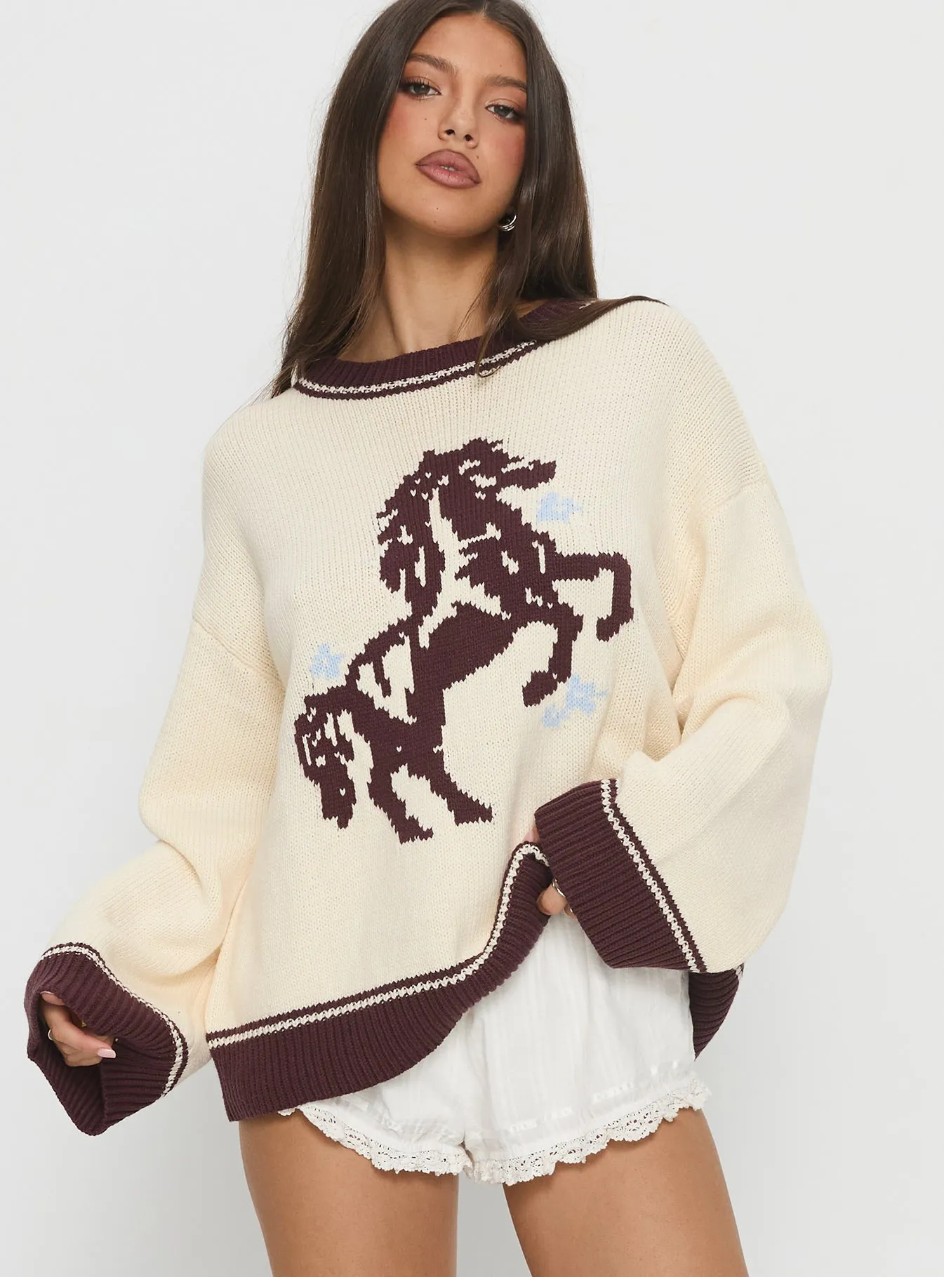 Rhianonn Horse Graphic Knit Sweater Cream / Brown sold by Princess Polly product image thumbnail 2