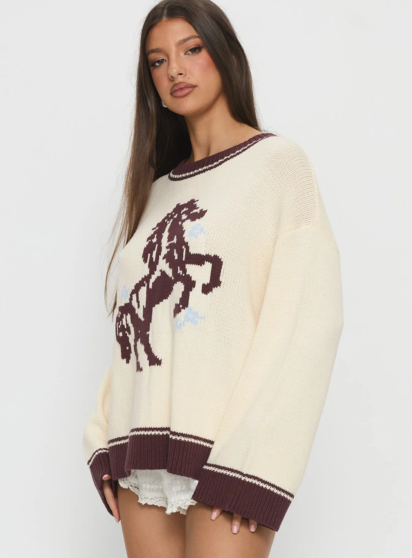 Rhianonn Horse Graphic Knit Sweater Cream / Brown sold by Princess Polly product image thumbnail 4