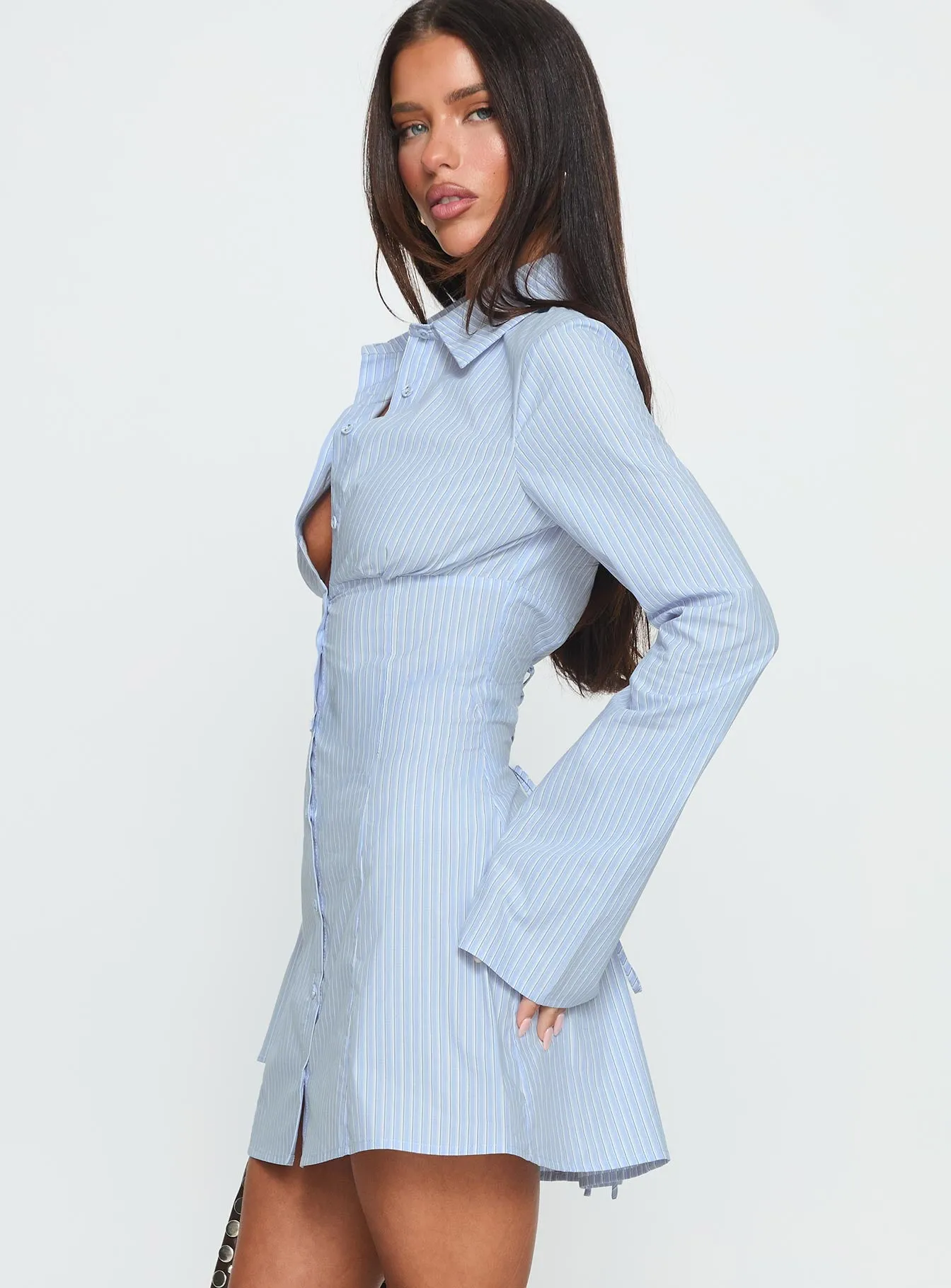 Tawni Long Sleeve Shirt Mini Dress Blue sold by Princess Polly product image thumbnail 4