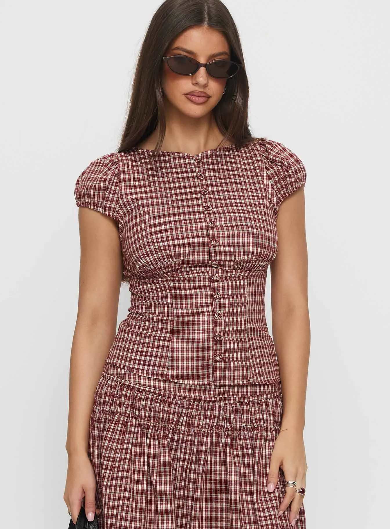 Alixandra Puff Sleeve Blouse Top Red Check sold by Princess Polly product image thumbnail 2