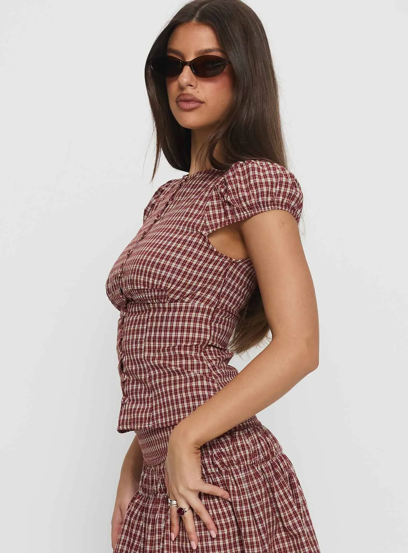 Alixandra Puff Sleeve Blouse Top Red Check sold by Princess Polly product image thumbnail 4