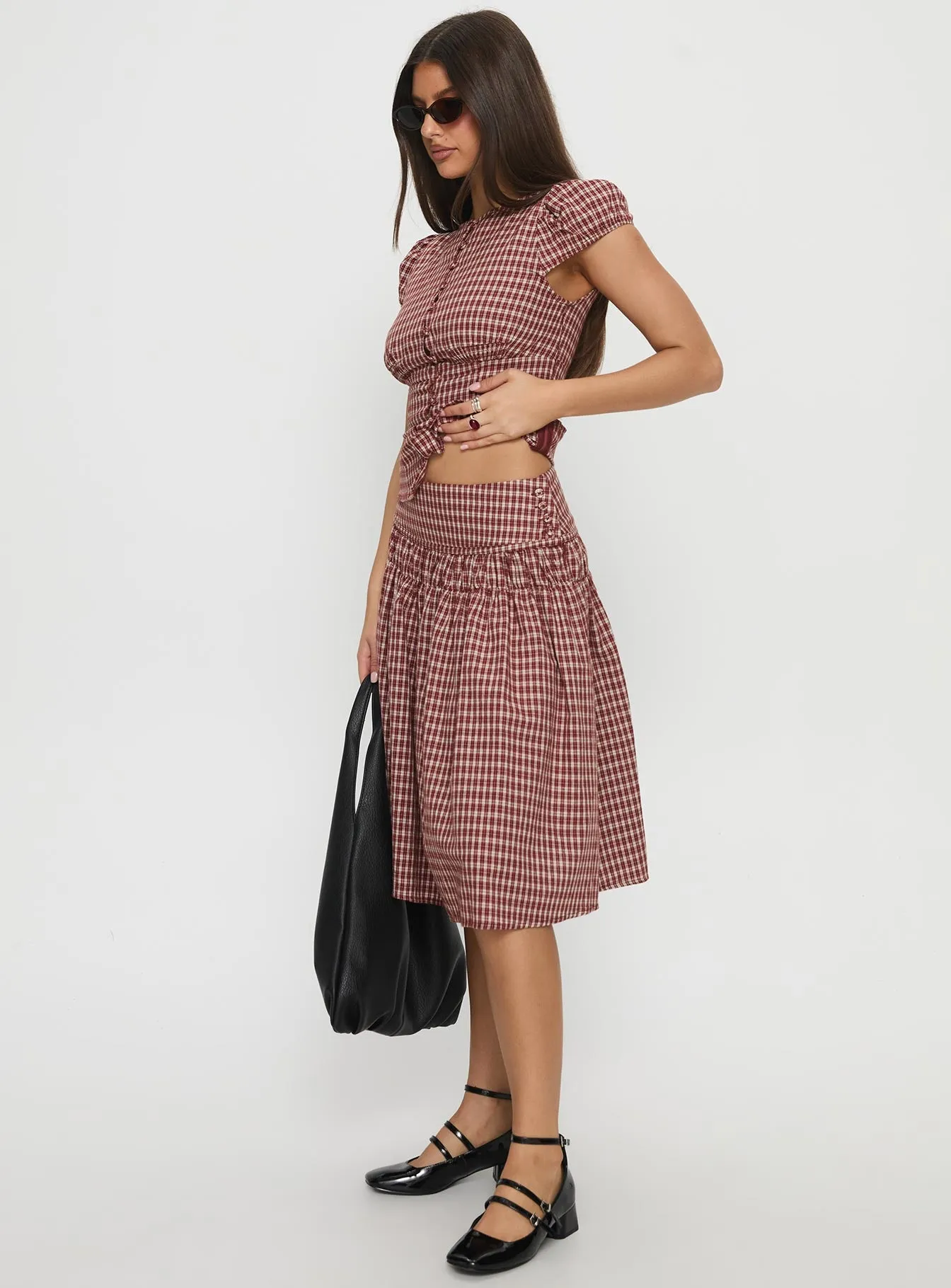 Alixandra Ruched Midi Skirt Red Check sold by Princess Polly product image thumbnail 4