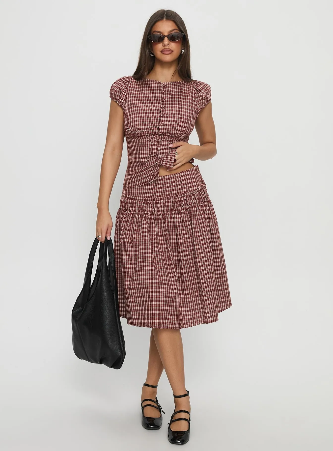 Alixandra Ruched Midi Skirt Red Check sold by Princess Polly product image thumbnail 2