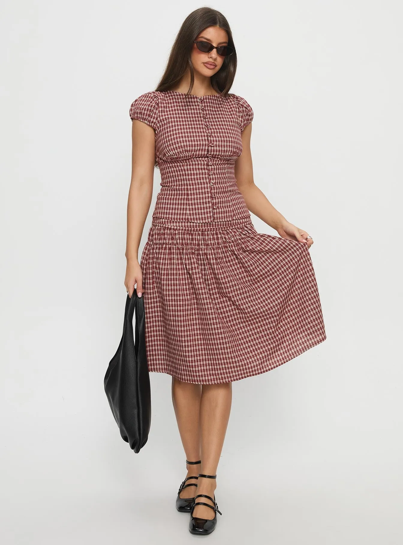 Alixandra Ruched Midi Skirt Red Check sold by Princess Polly product image thumbnail 3