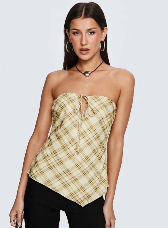 I Wonder Strapless Cut Out Top Yellow Check sold by Princess Polly