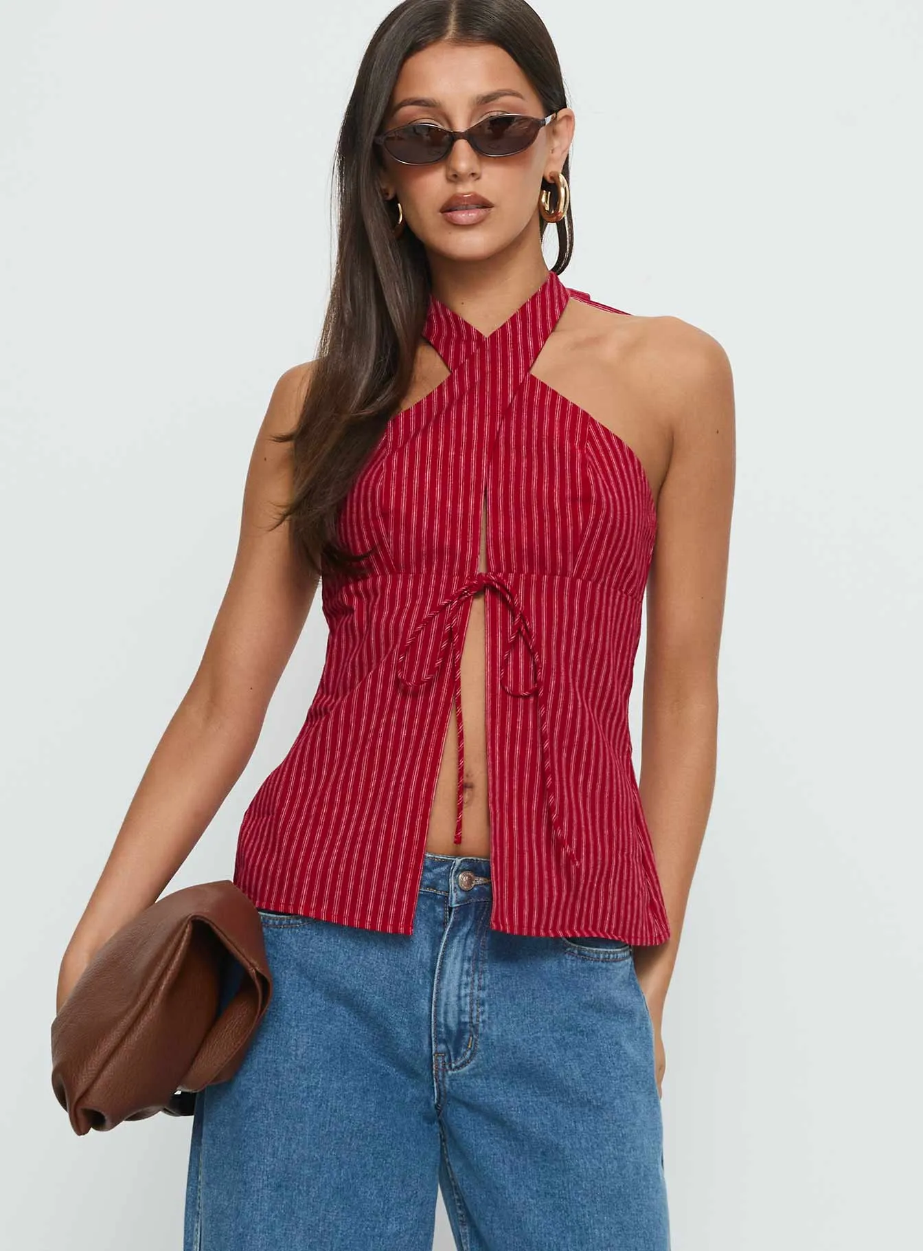 Sensational Cross Front Tie Detail Top Red Stripe sold by Princess Polly