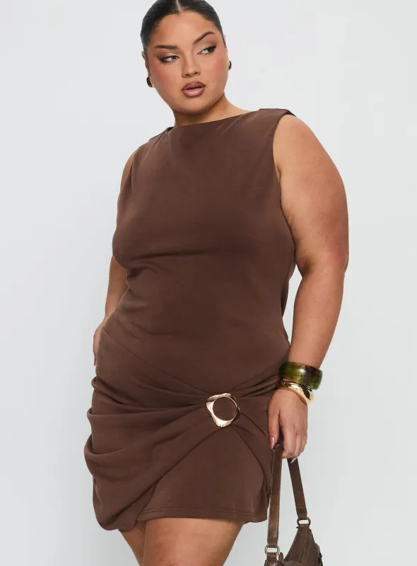 Kharla Ruched Hardware Mini Dress Brown Curve sold by Princess Polly