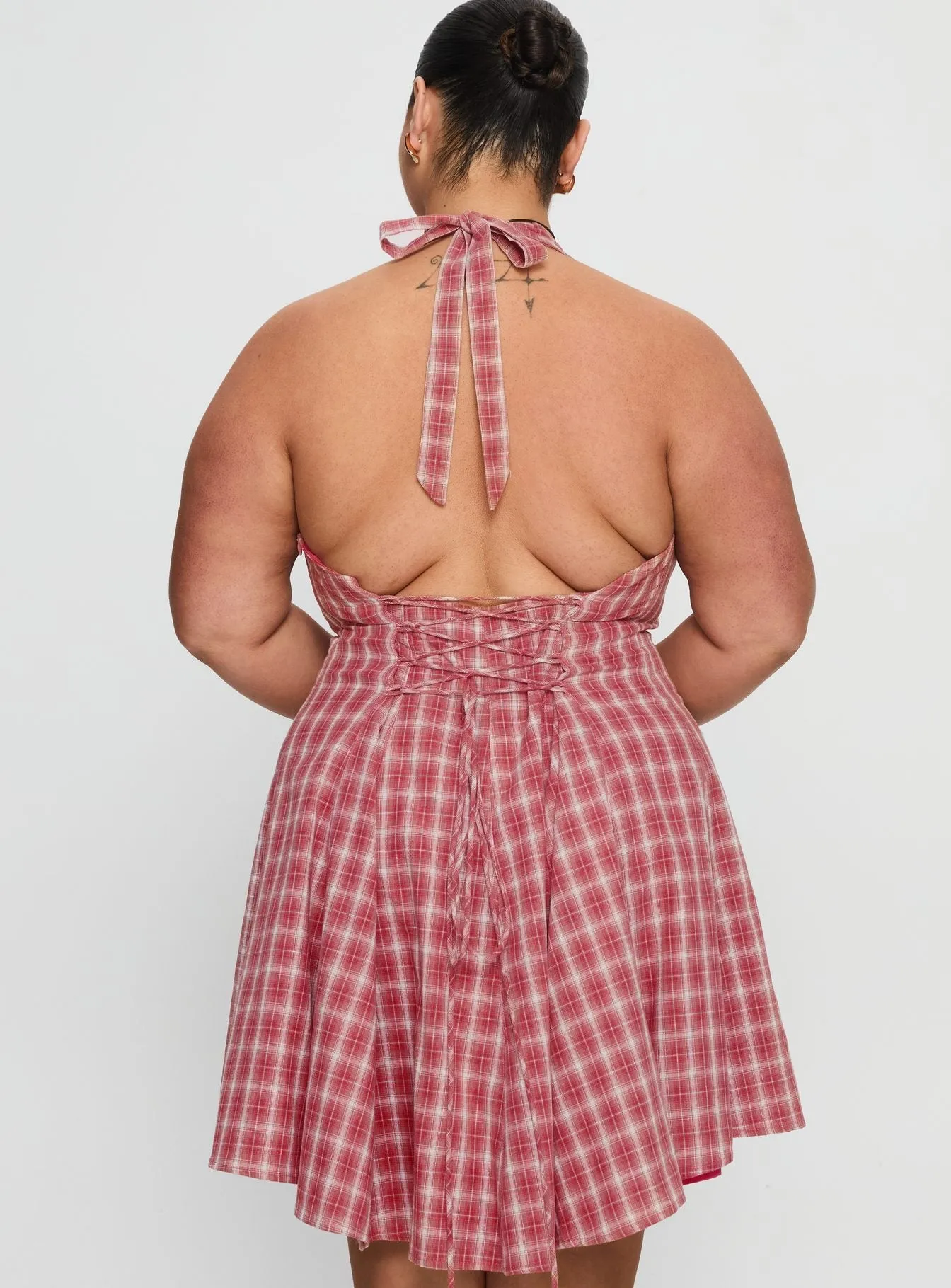 Out Of Nowhere Halter Mini Dress Red Check Curve sold by Princess Polly product image thumbnail 5
