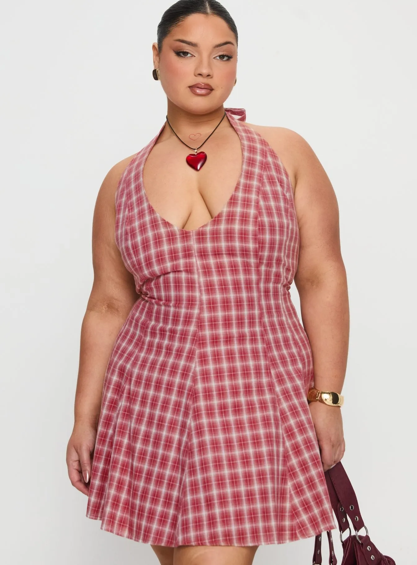 Out Of Nowhere Halter Mini Dress Red Check Curve sold by Princess Polly product image thumbnail 2