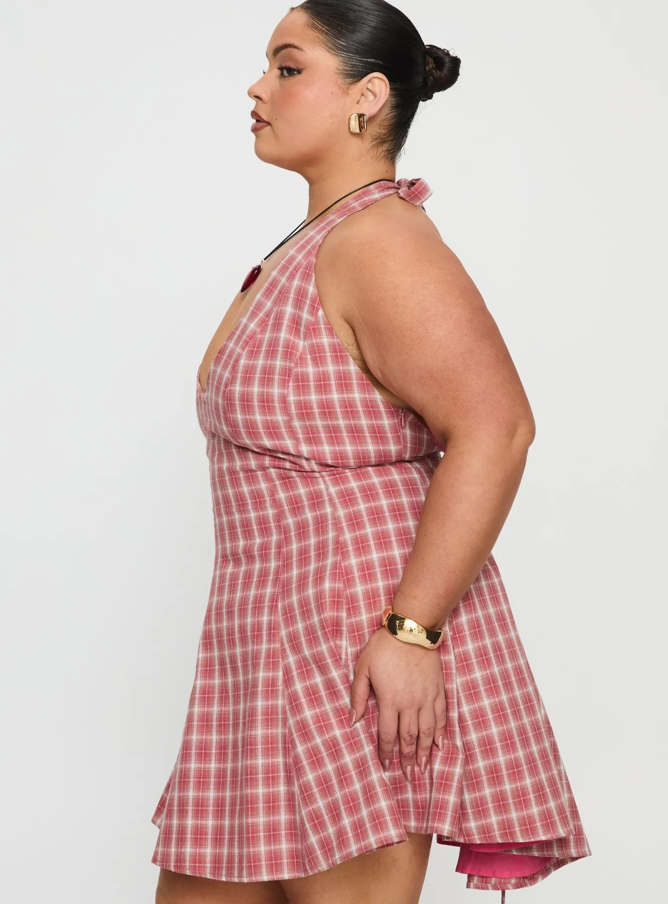 Out Of Nowhere Halter Mini Dress Red Check Curve sold by Princess Polly product image thumbnail 4