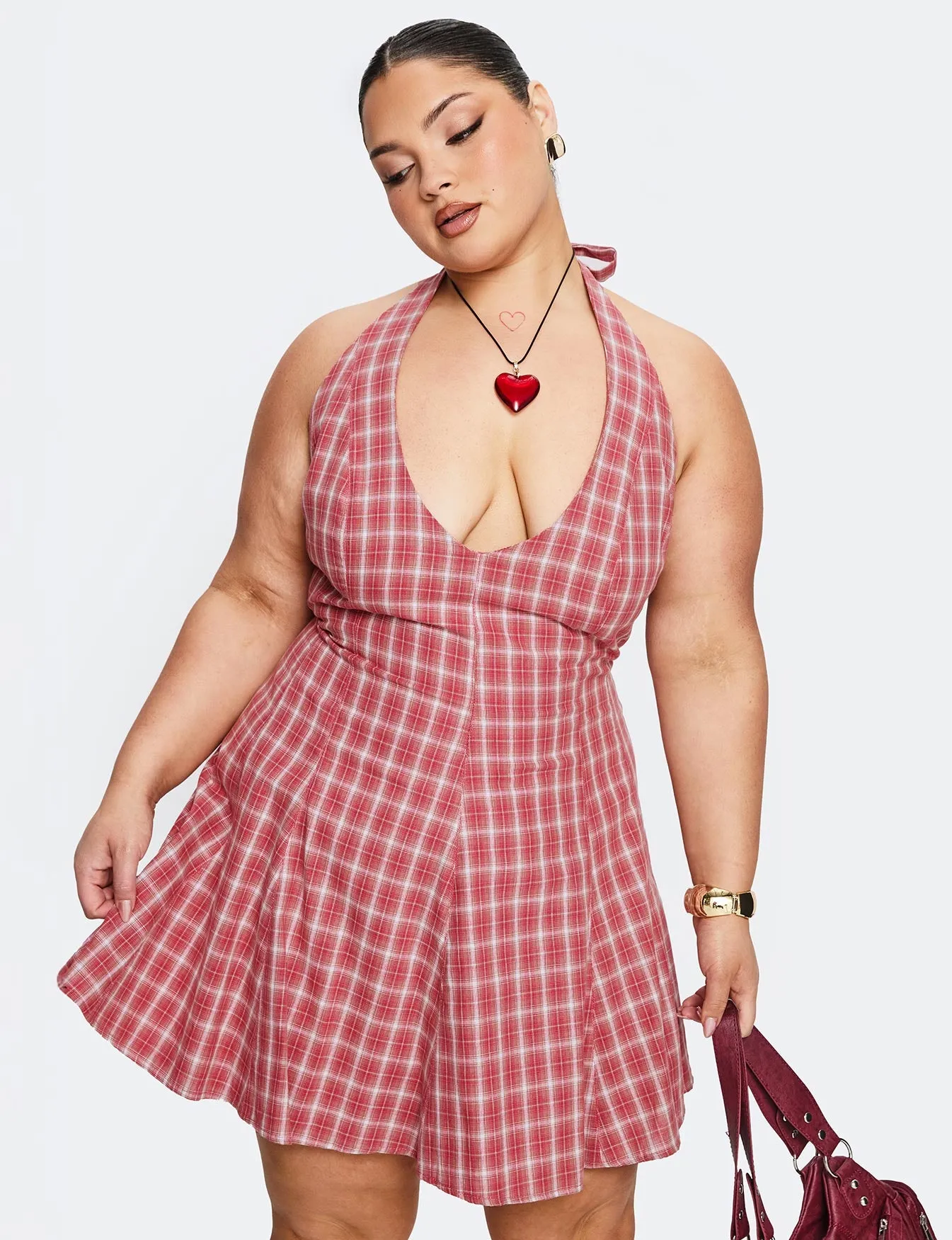 Out Of Nowhere Halter Mini Dress Red Check Curve sold by Princess Polly