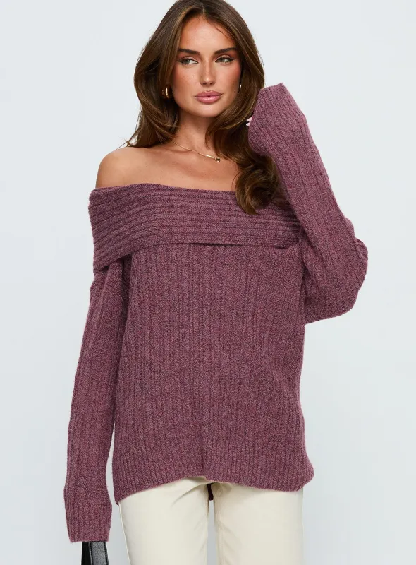 Snowie Off Shoulder Knit Sweater Burgundy sold by Princess Polly