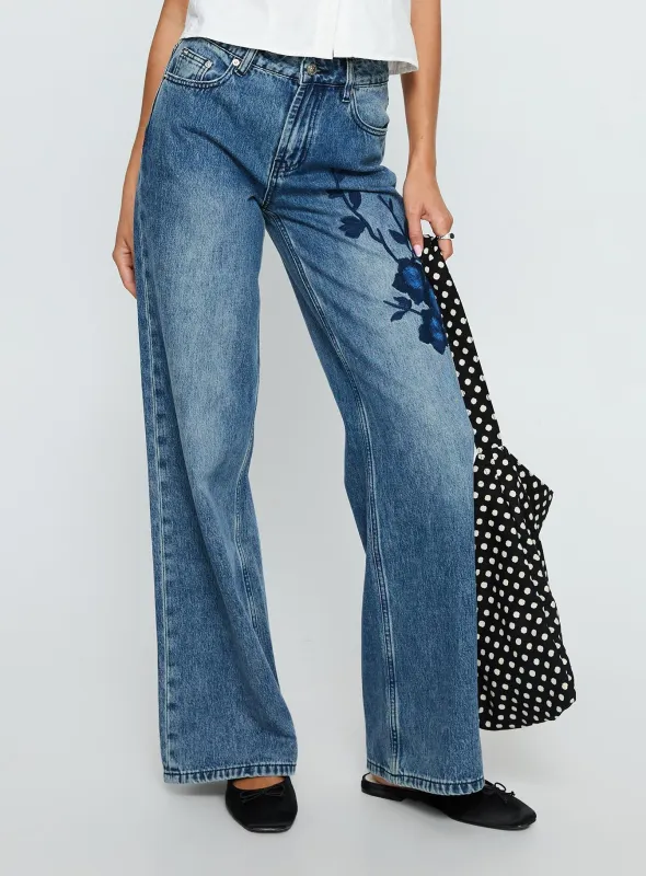 Sisterhood Mid Rise Wide Leg Patchwork Jeans Mid Blue Wash sold by Princess Polly