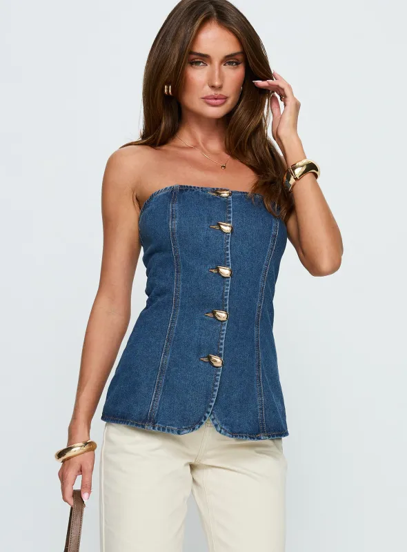 Deann Denim Strapless Top Mid Blue Wash sold by Princess Polly