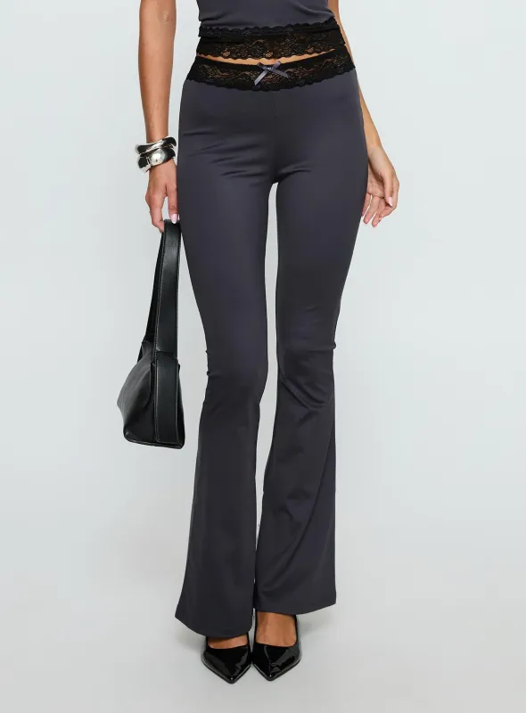 Georganna Lace Trim Flare Pant Charcoal sold by Princess Polly