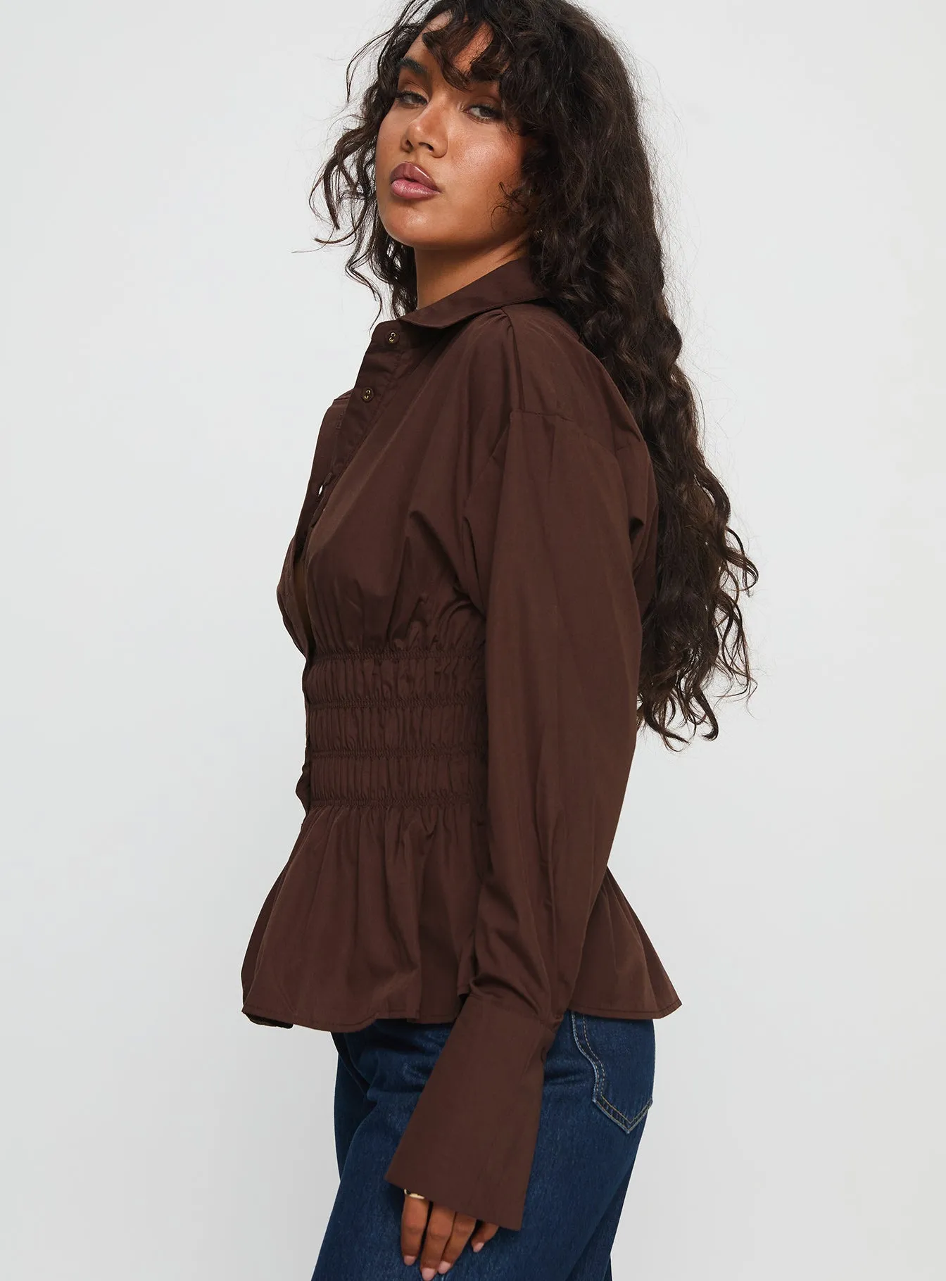 As You Are Shirred Button Up Top Chocolate sold by Princess Polly product image thumbnail 4