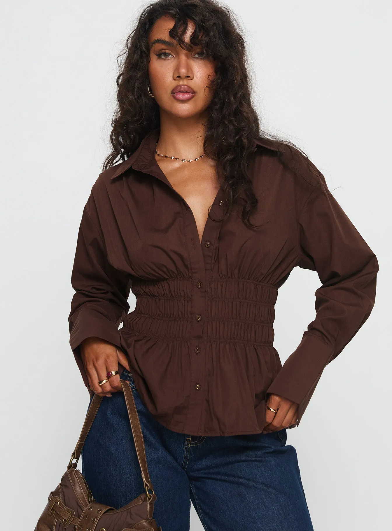 As You Are Shirred Button Up Top Chocolate sold by Princess Polly product image thumbnail 2