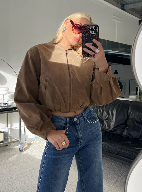 Mastery Faux Suede Bomber Jacket Brown sold by Princess Polly