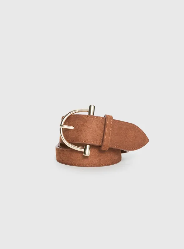 Runey Faux Suede Belt Brown / Gold sold by Princess Polly