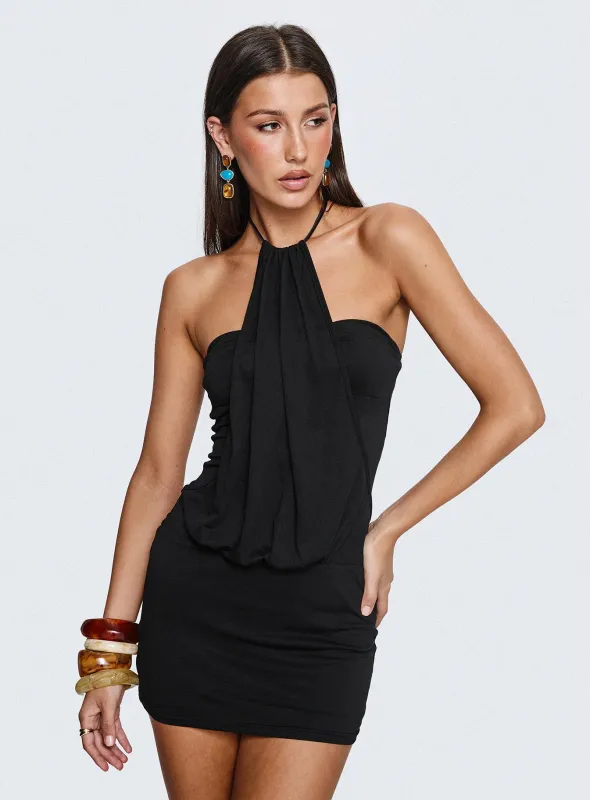 Slip Away Draped Halter Mini Dress Black sold by Princess Polly