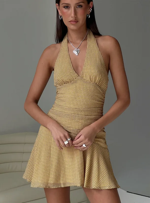 Sayla Halter Ruched Mini Dress Yellow Check sold by Princess Polly