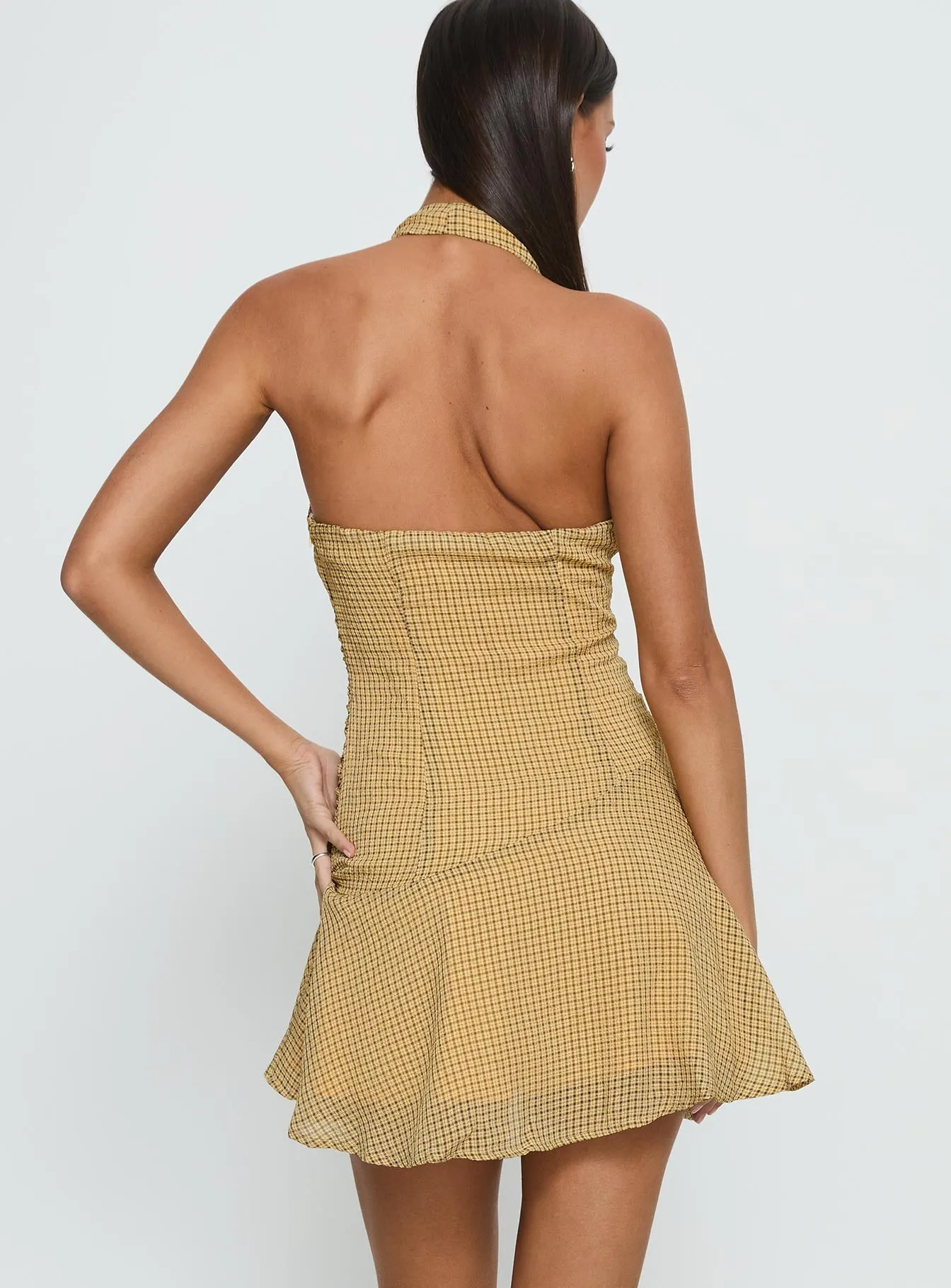 Sayla Halter Ruched Mini Dress Yellow Check sold by Princess Polly product image thumbnail 5