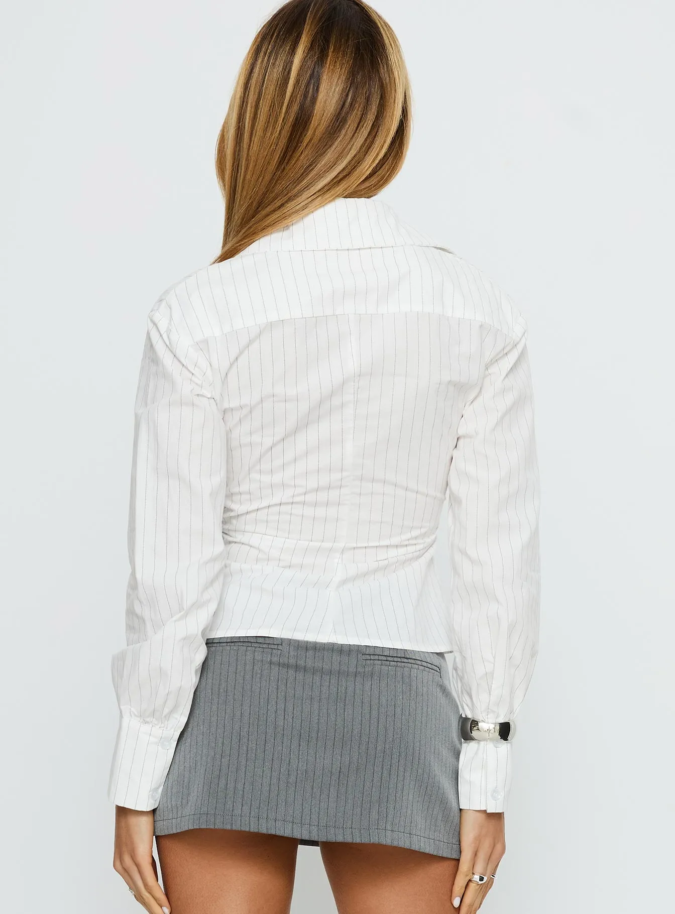 Mayda Asymmetrical Long Sleeve Shirt White Pinstripe sold by Princess Polly product image thumbnail 5