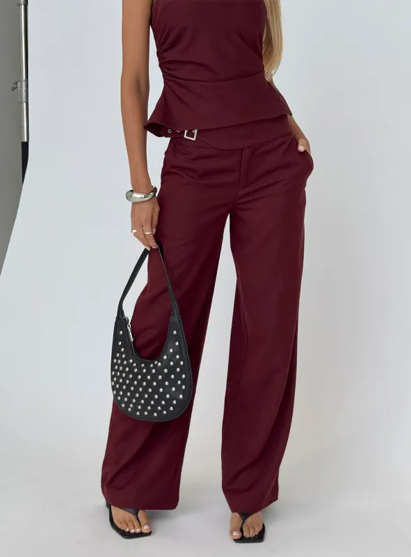 Jinny Relaxed Buckle Tailored Pants Berry Pinstripe sold by Princess Polly
