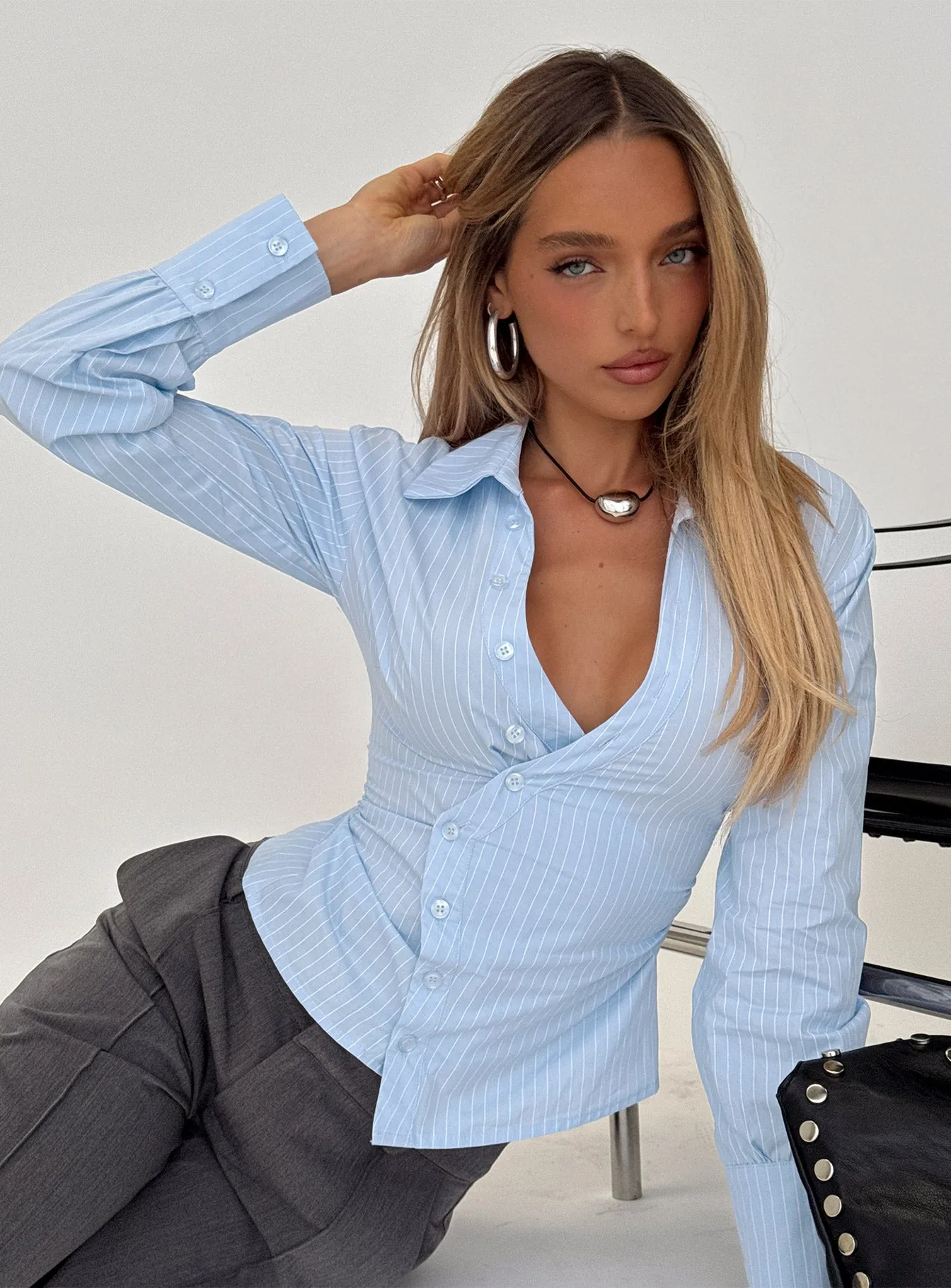 Mayda Asymmetrical Long Sleeve Shirt Blue Pinstripe sold by Princess Polly