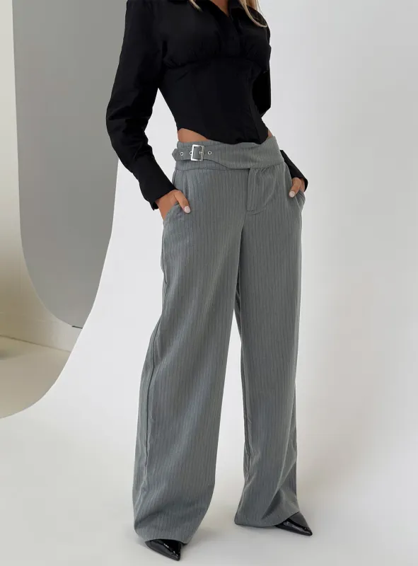 Jinny Relaxed Buckle Tailored Pants Grey Pinstripe sold by Princess Polly