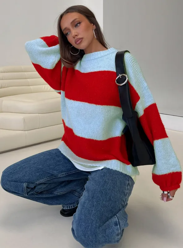 Bastien Crew Neck Knit Sweater Blue / Red sold by Princess Polly