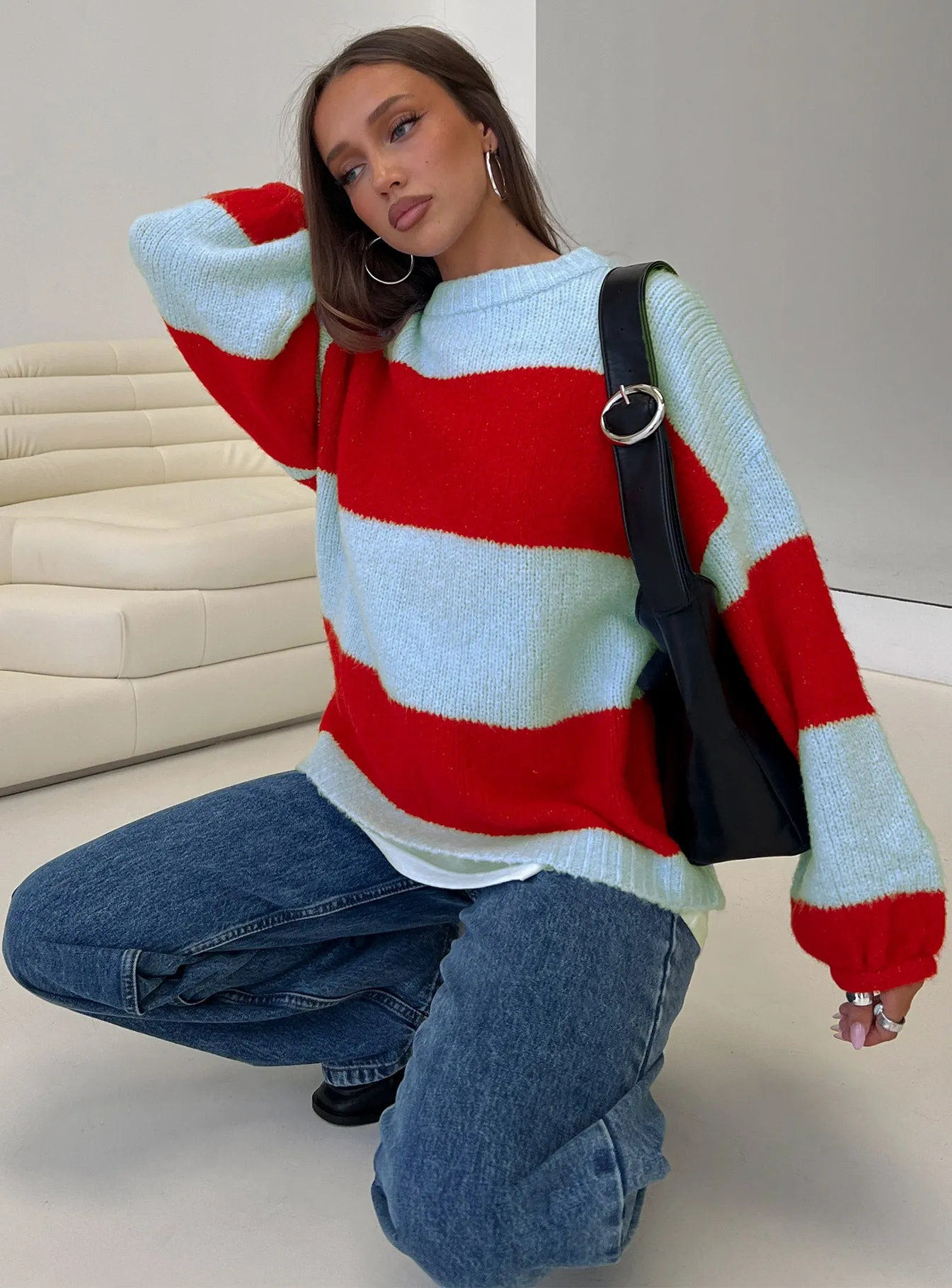 Bastien Crew Neck Knit Sweater Blue / Red sold by Princess Polly