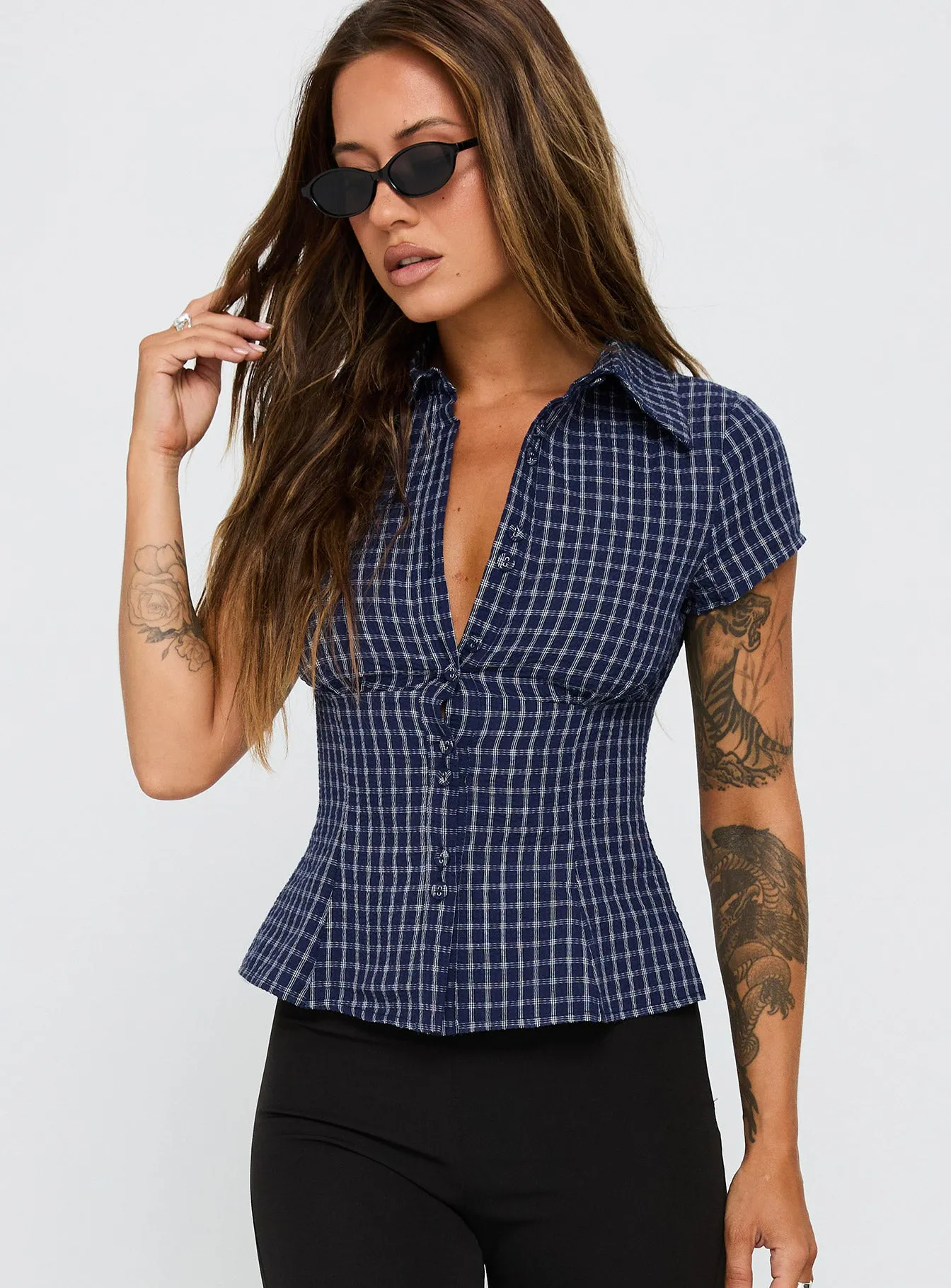 Cottesloe Blouse Top Navy Check sold by Princess Polly product image thumbnail 2