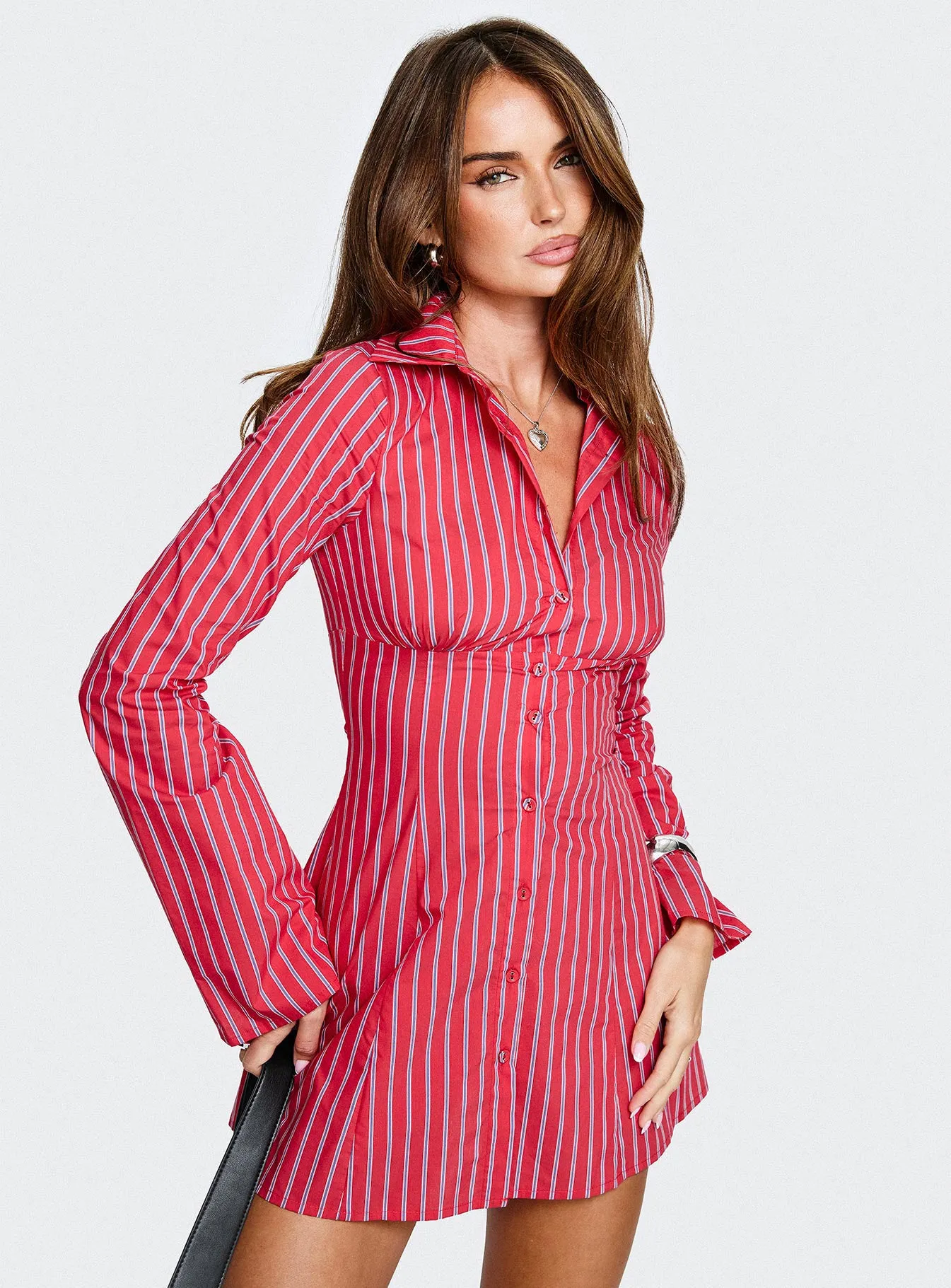 Tawni Long Sleeve Shirt Mini Dress Red Stripe sold by Princess Polly