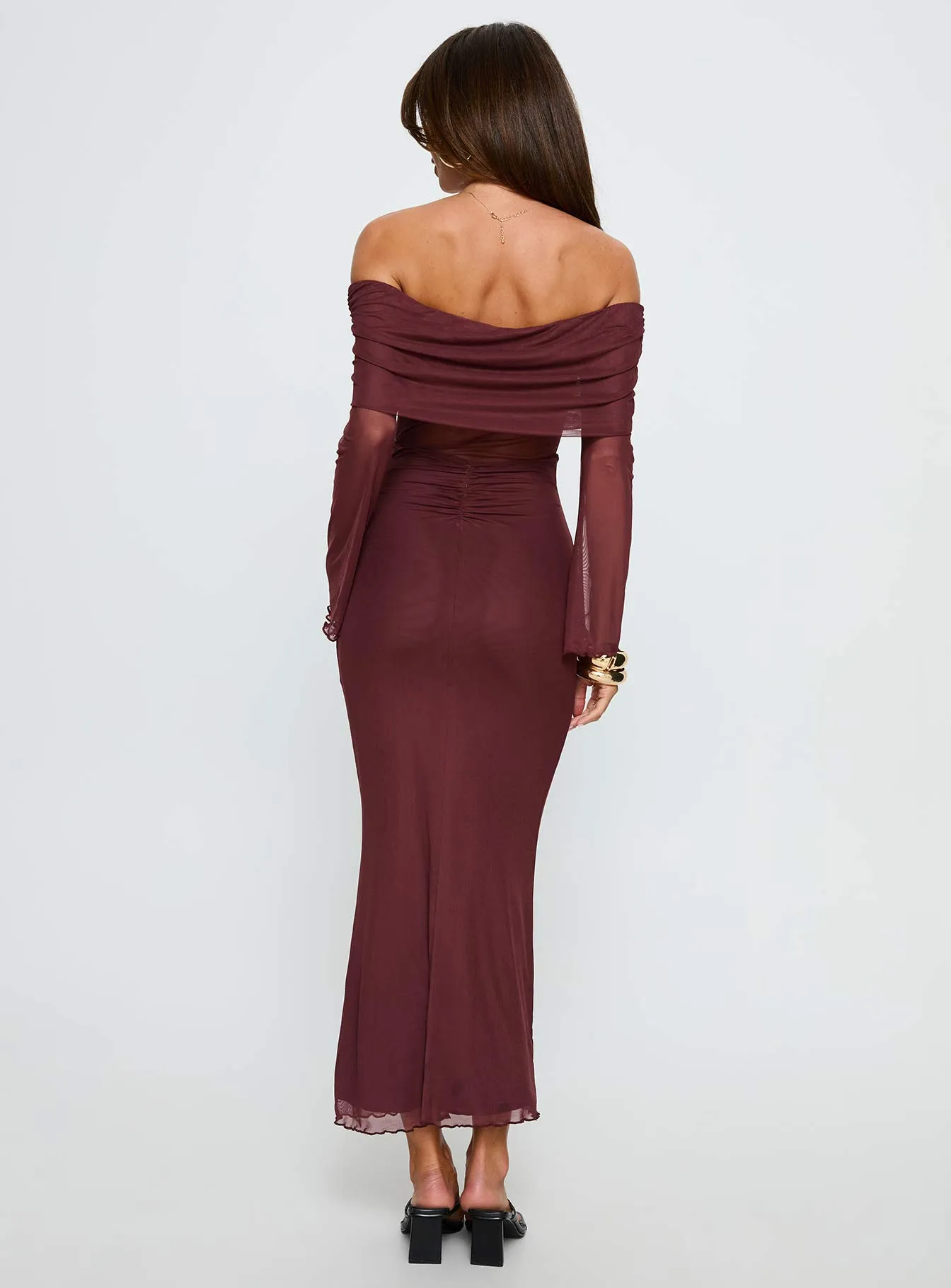 Velouria Off Shoulder Long Sleeve Maxi Dress Brown sold by Princess Polly product image thumbnail 5